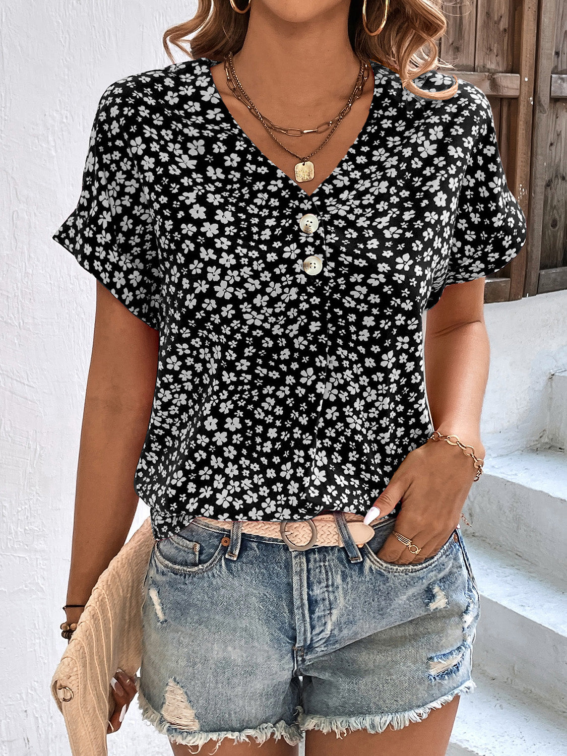 Printed V-Neck Short Sleeve Blouse nicholesgifts