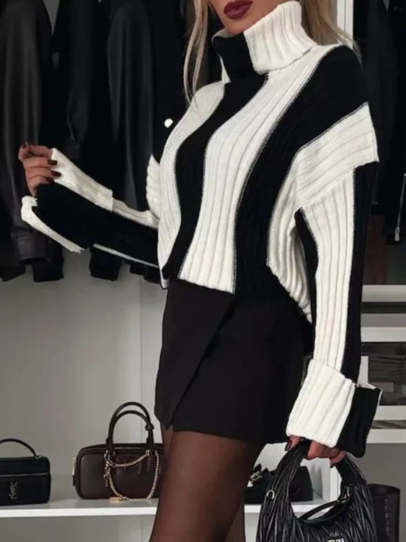 Color Block Ribbed Turtleneck Sweater Trendsi