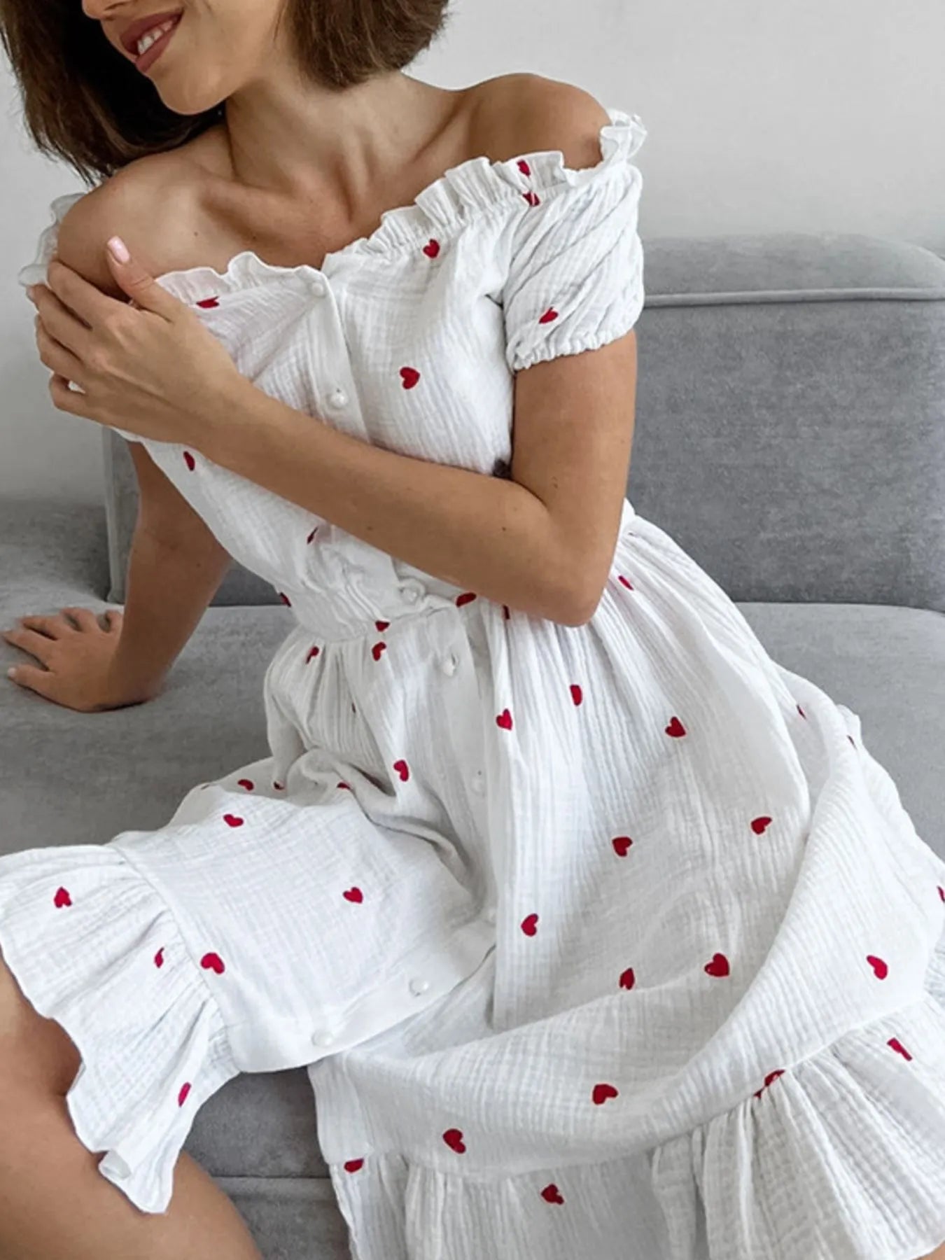 Heart Printed Off-Shoulder Ruffle Mini Dress NicholesGifts