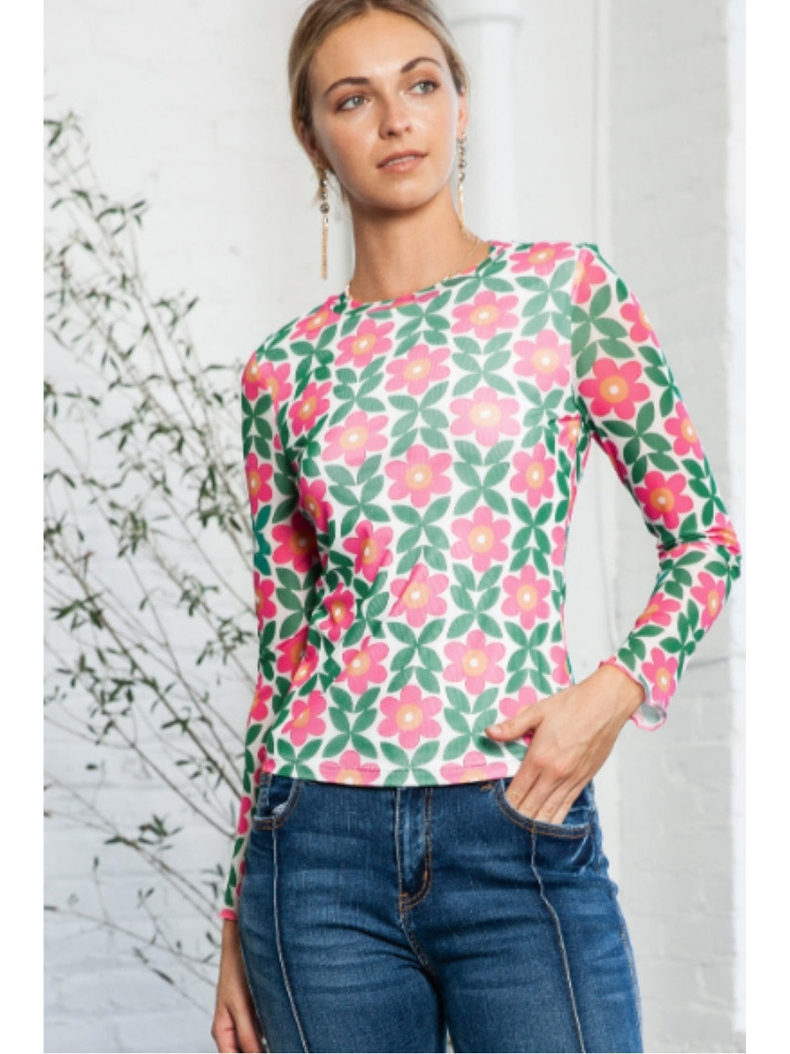 Floral Round Neck Long Sleeve Top nicholesgifts