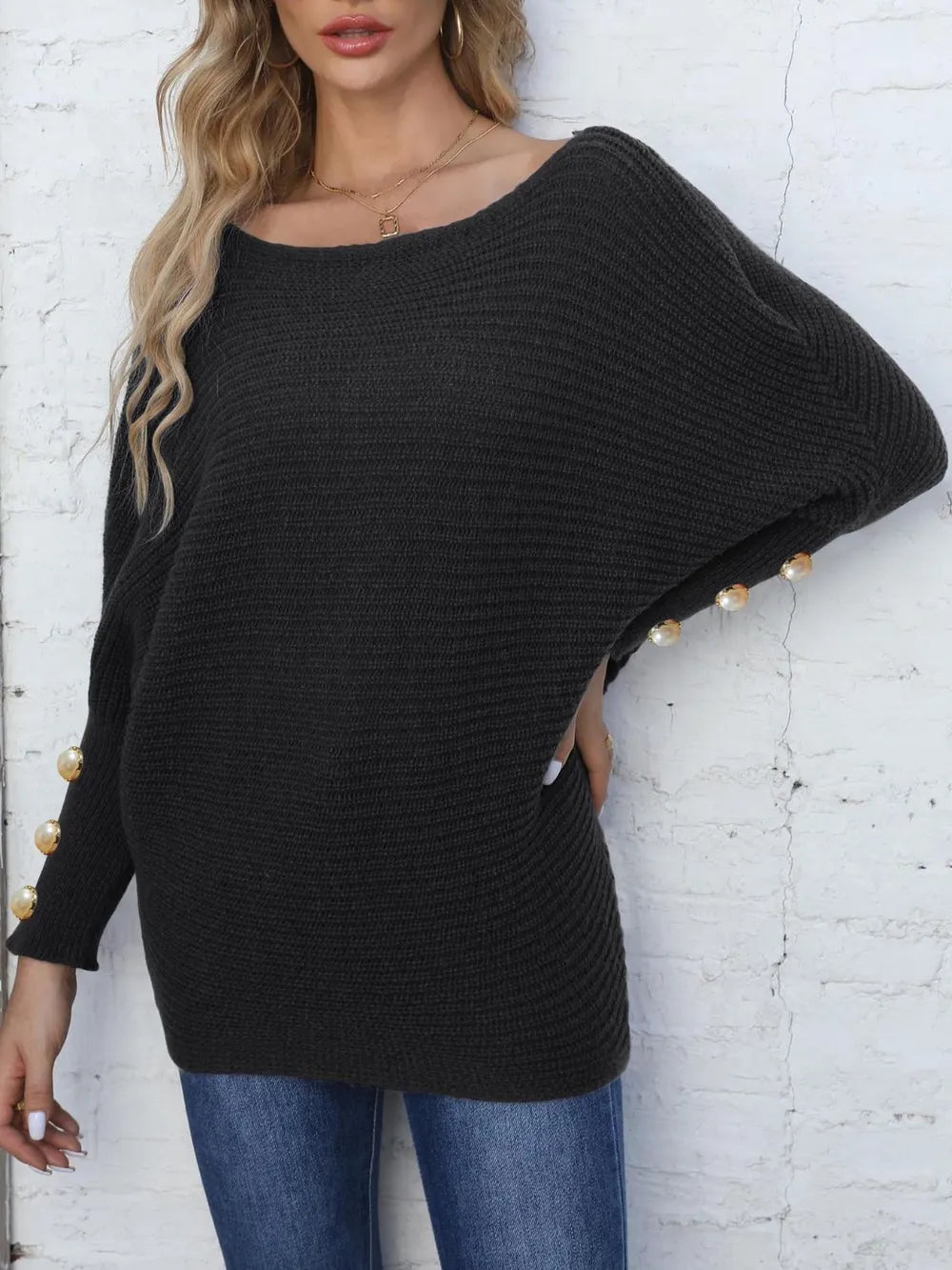 Full Size Boat Neck Long Sleeve Sweater Trendsi