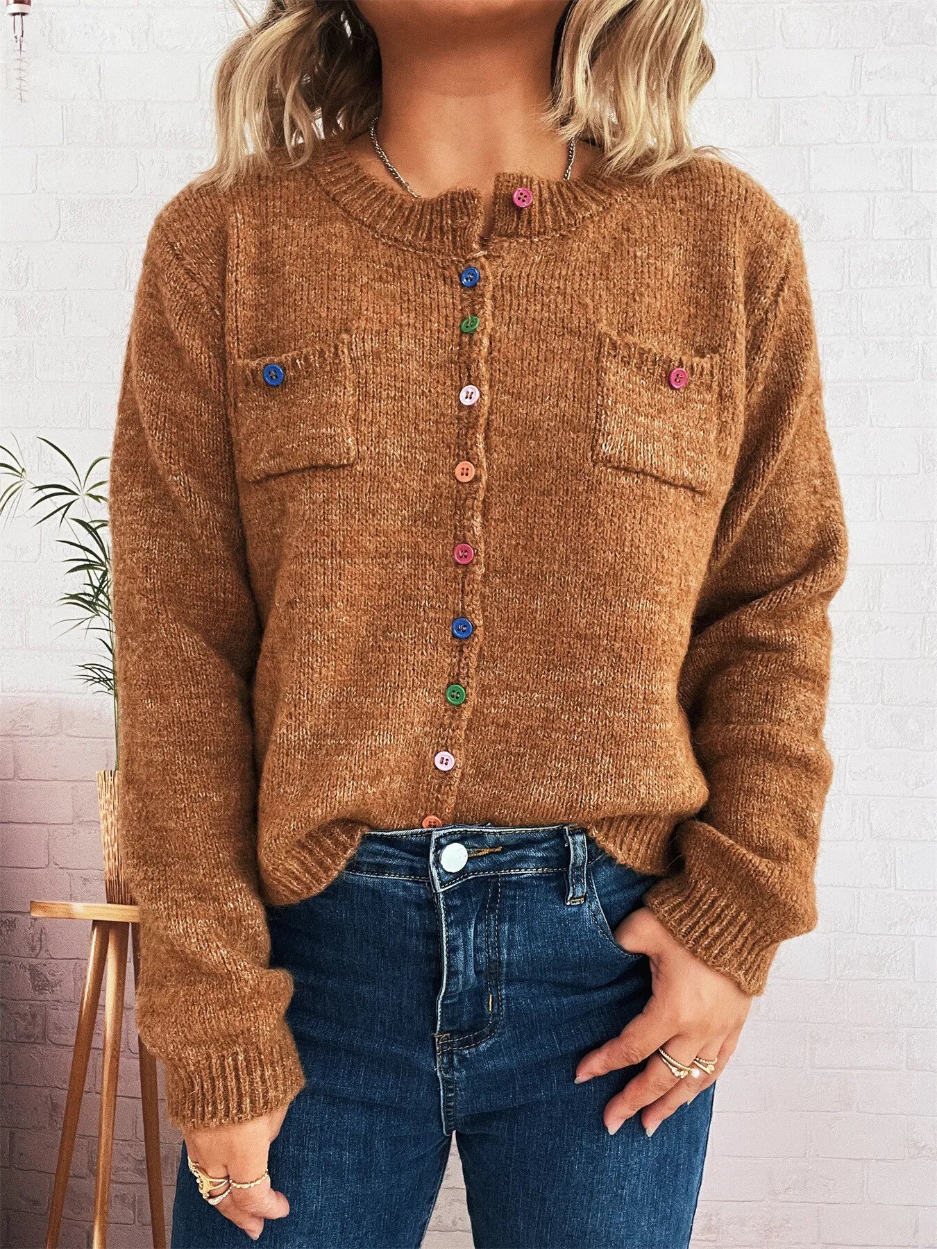 Button-Up Ribbed Hem Cardigan with Chest Pocket