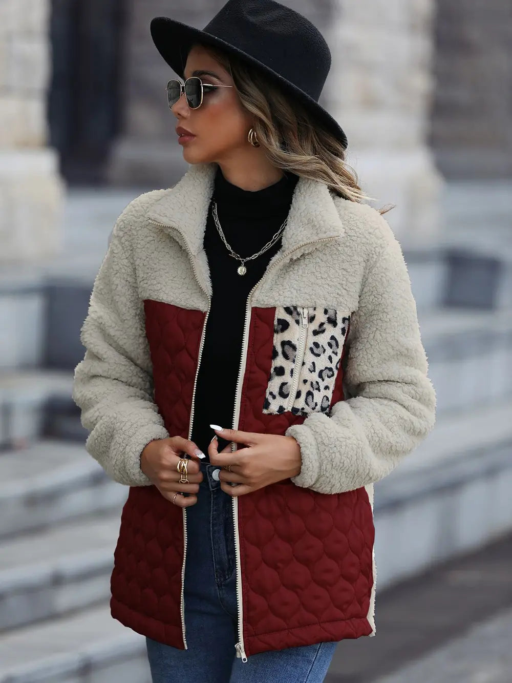 Leopard Color Block Zip-Up Jacket nicholesgifts