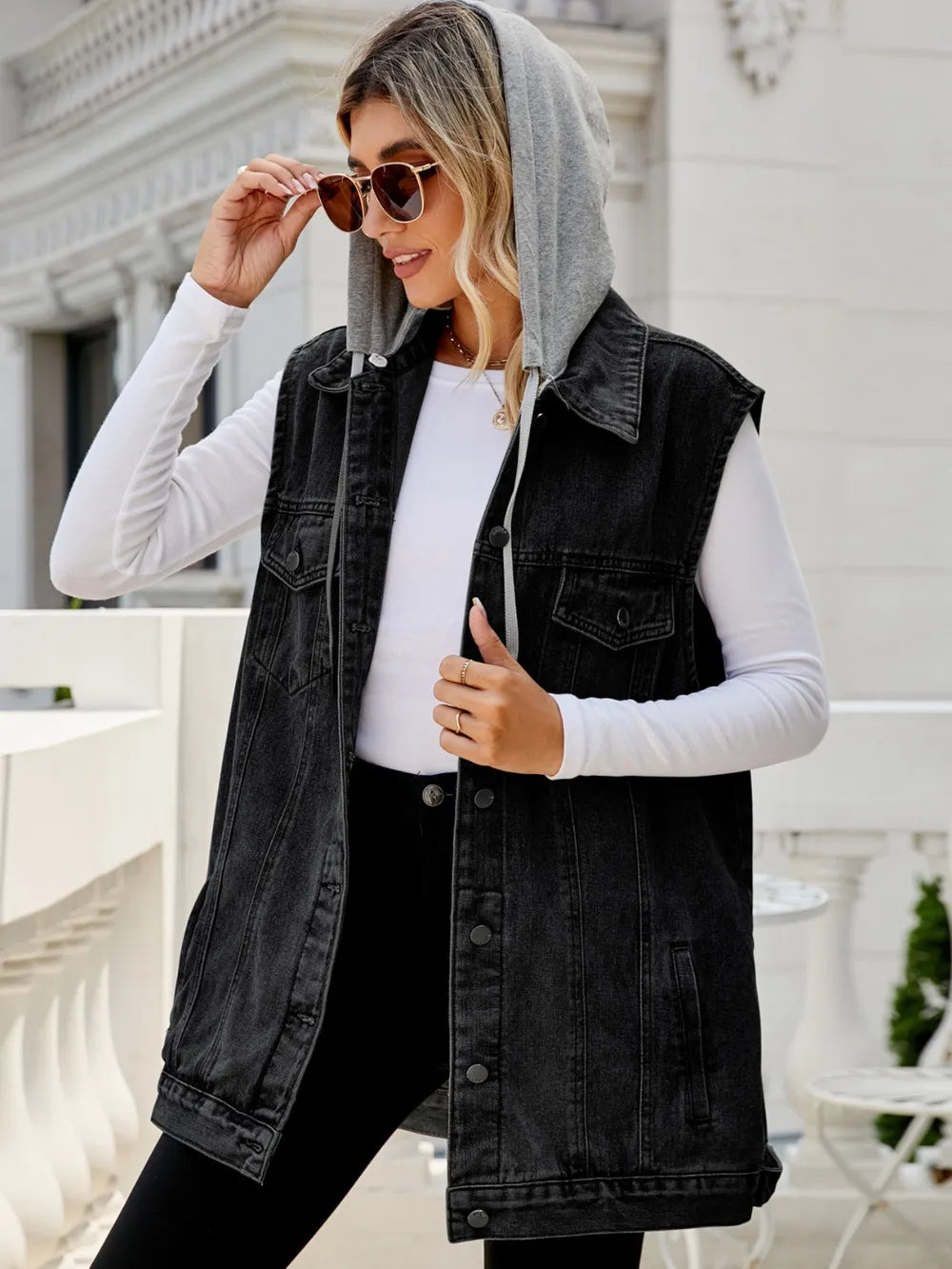 Drawstring Pocketed Button Up Sleeveless Denim Jacket nicholesgifts