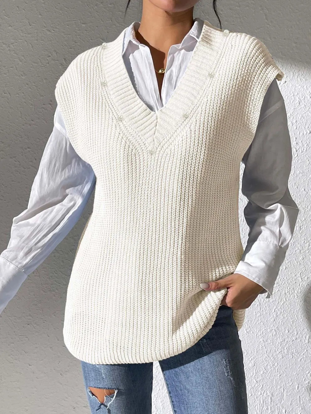 Pearl Trim V-Neck Sweater Vest nicholesgifts