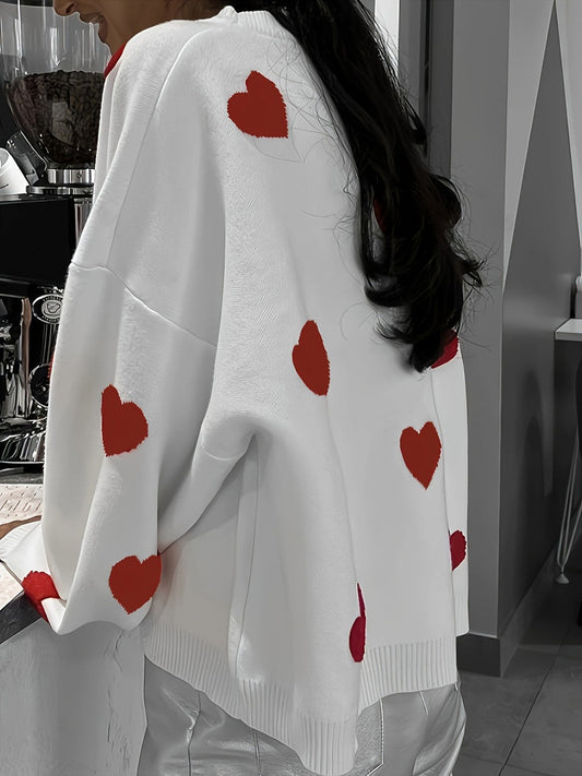 Women Valentine’s Day Heart Round Neck Long Sleeve Sweater nicholesgifts