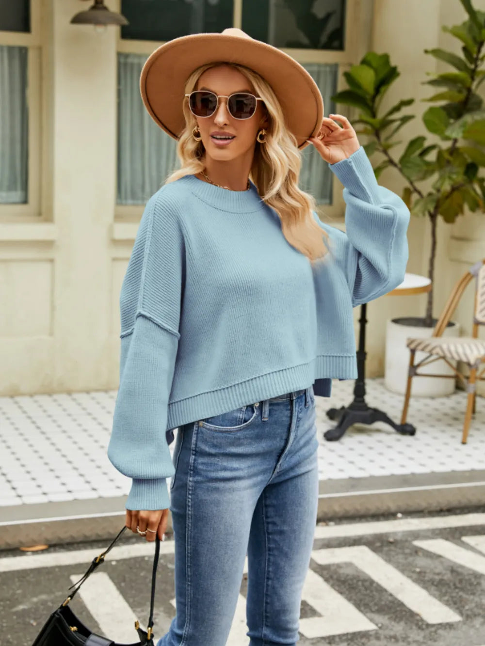 Round Neck Lantern Sleeve Sweater Trendsi