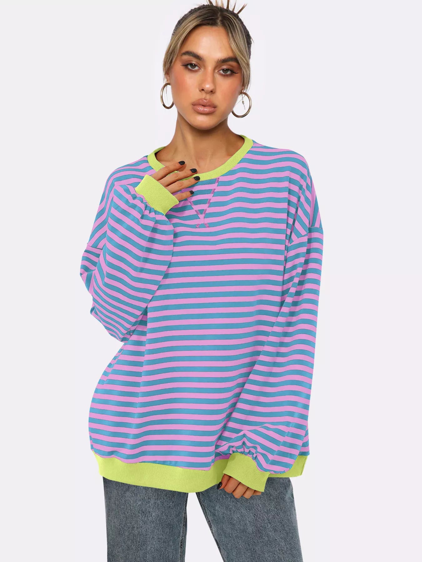 Striped Round Neck Long Sleeve Sweatshirt nicholesgifts