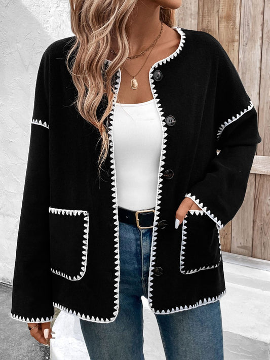 Perfee Pocketed Contrast Button Up Jacket NicholesGifts