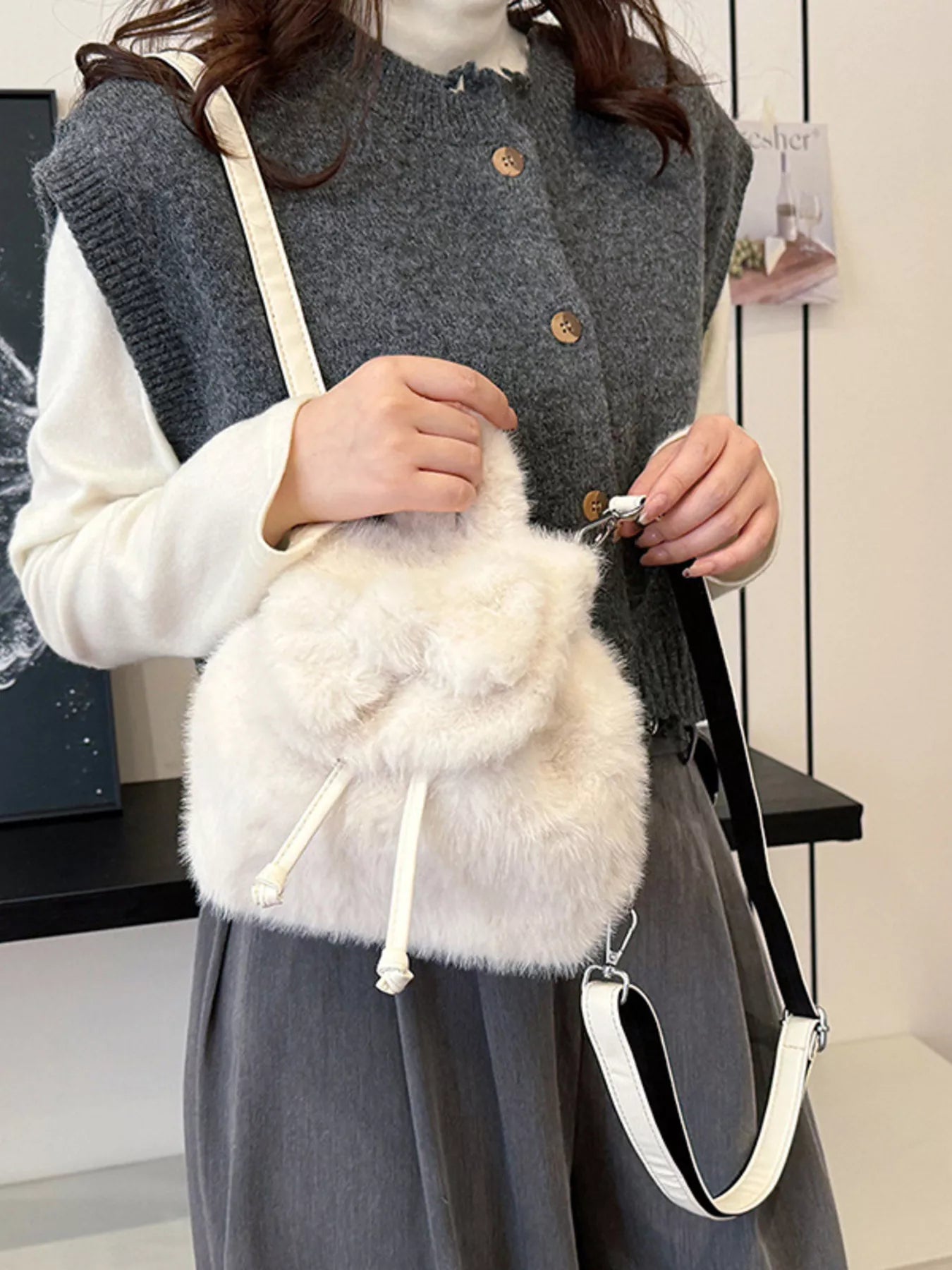 Fuzzy Plush Drawstring Backpack Bag nicholesgifts