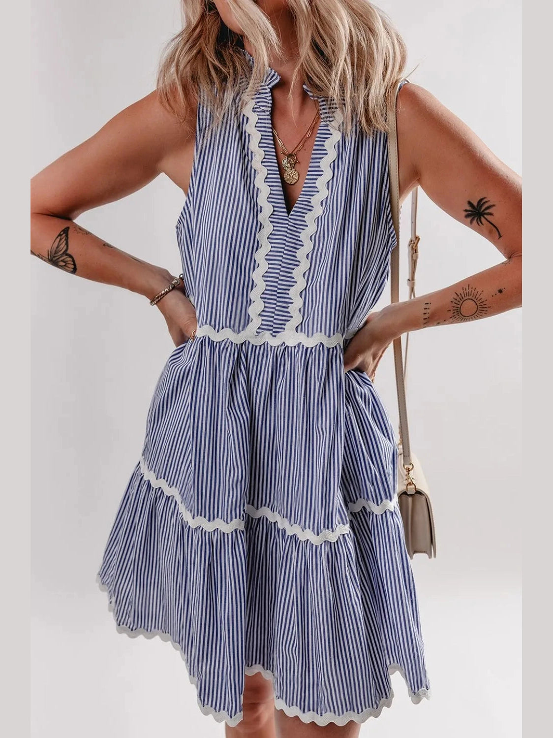 Stripe Sleeveless Notched Ric Rac Mini Dress NicholesGifts