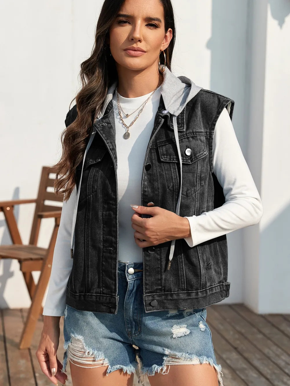 Pocketed Button Up Hooded Denim Jacket nicholesgifts