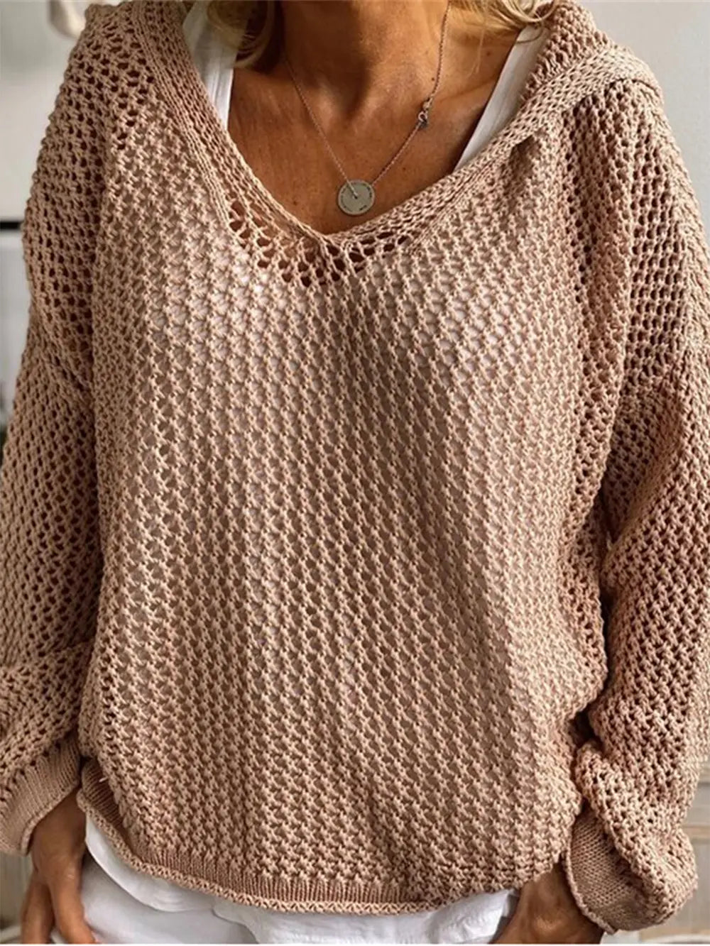 Openwork Hooded Long Sleeve Sweater nicholesgifts