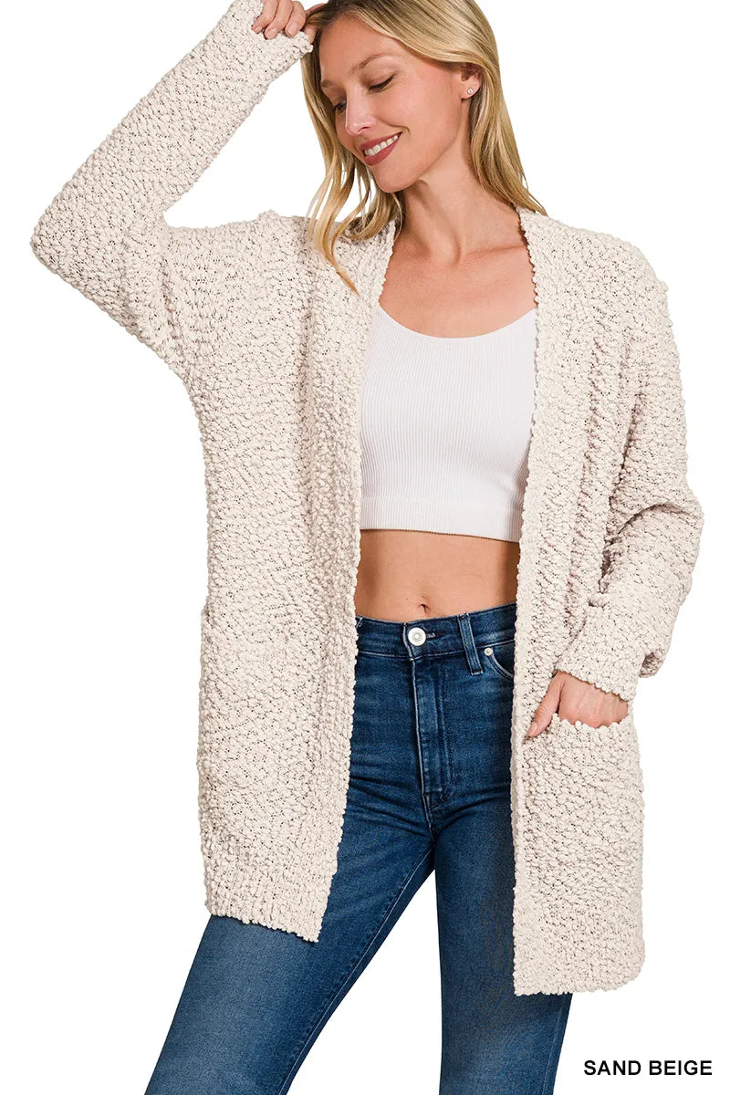 Zenana Long Sleeve Popcorn Sweater Cardigan with Pockets NicholesGifts