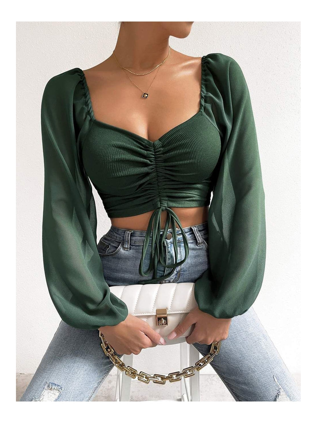 Women Drawstring Sweetheart Neck Cropped Top nicholesgifts