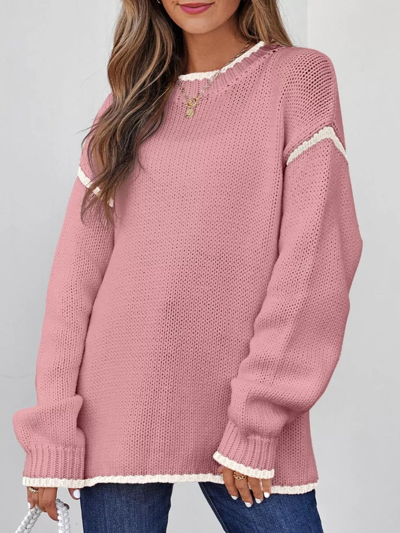 Contrast Trim Long Sleeve Sweater Trendsi