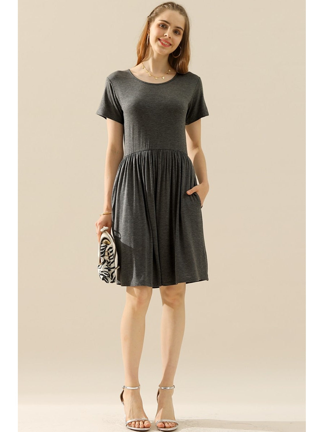 Ninexis Full Size Round Neck Ruched Dress with Pockets nicholesgifts