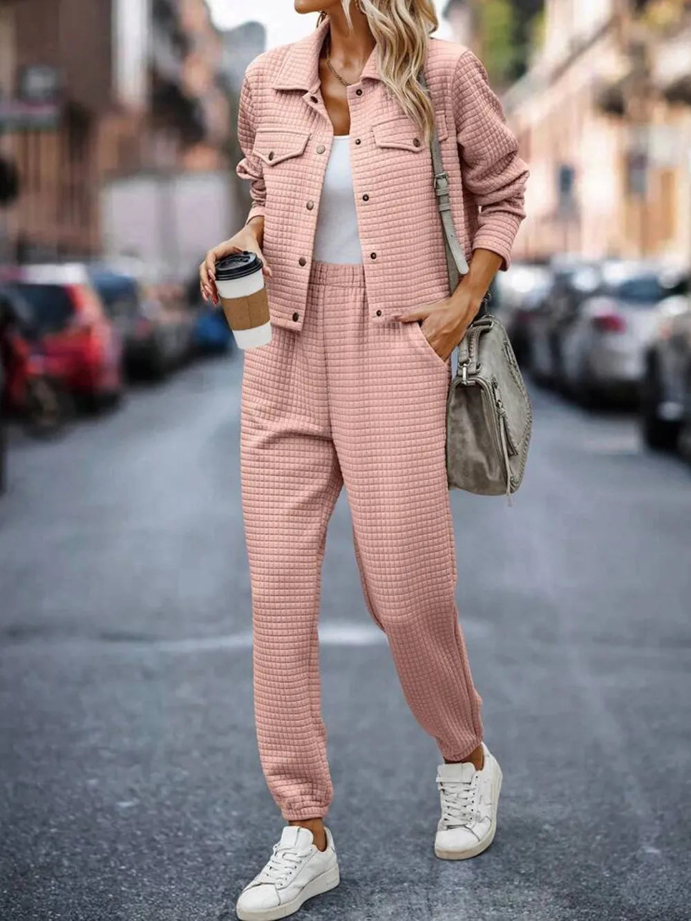 Plaid Texture Snap Down Top and Pants Set nicholesgifts