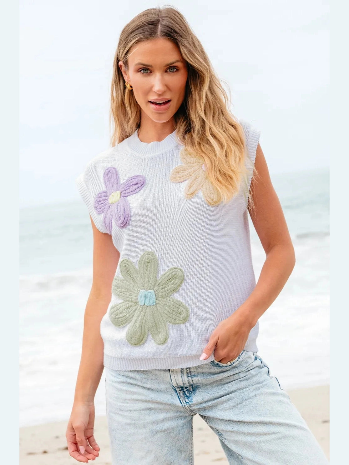 Crochet Flower Round Neck Sweater Vest nicholesgifts