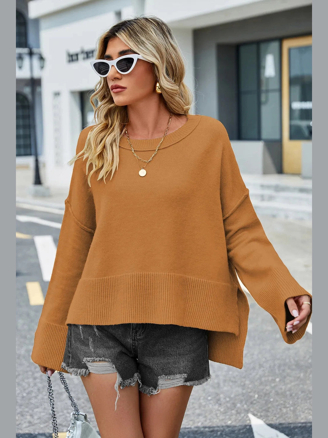 High-Low Slit Round Neck Long Sleeve Sweater nicholesgifts