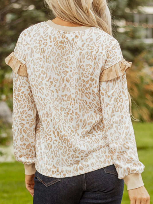Leopard Ruffle Detail Ribbed Trim Round Neck Sweatshirt nicholesgifts