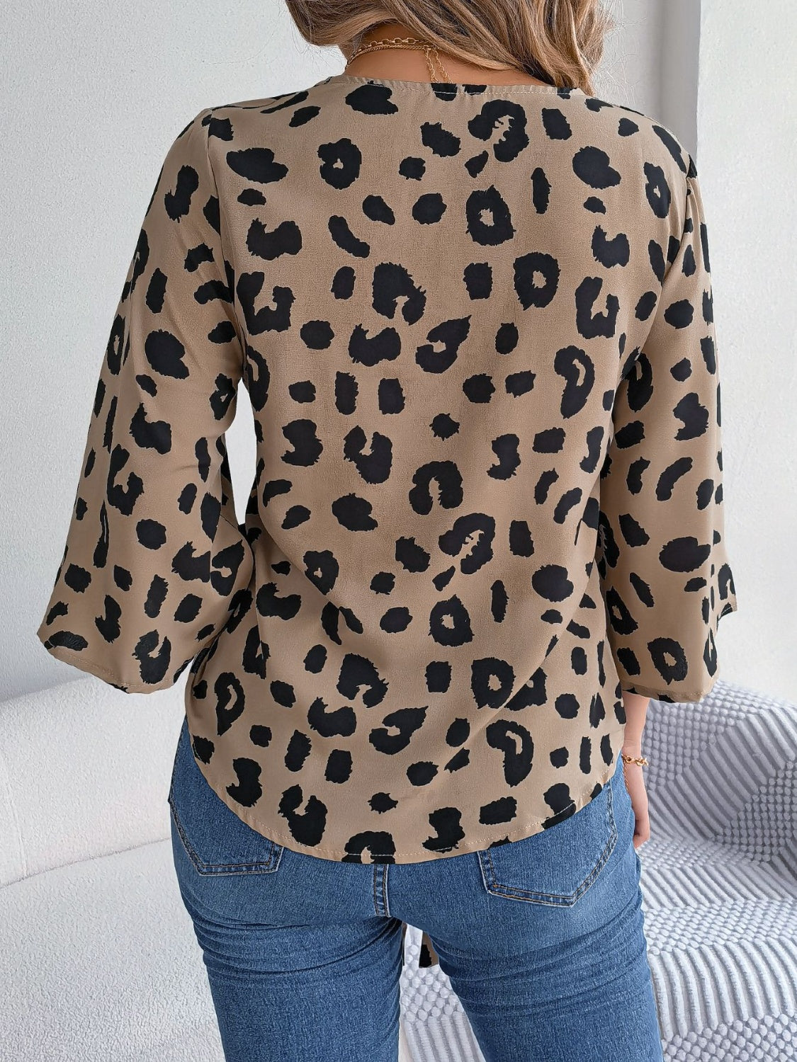 Tied Button Up Leopard V-Neck Blouse nicholesgifts