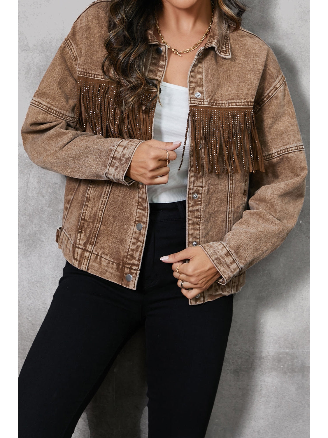 Fringe Trim Snap Down Denim Jacket nicholesgifts