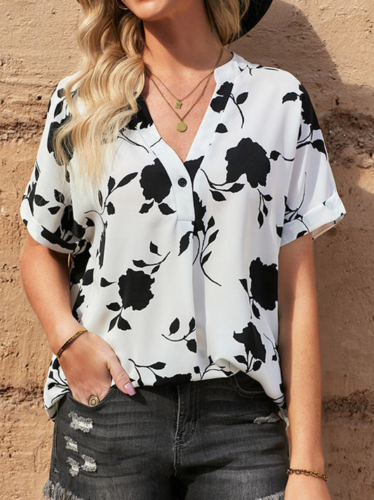 Full Size Printed Notched Short Sleeve Blouse nicholesgifts