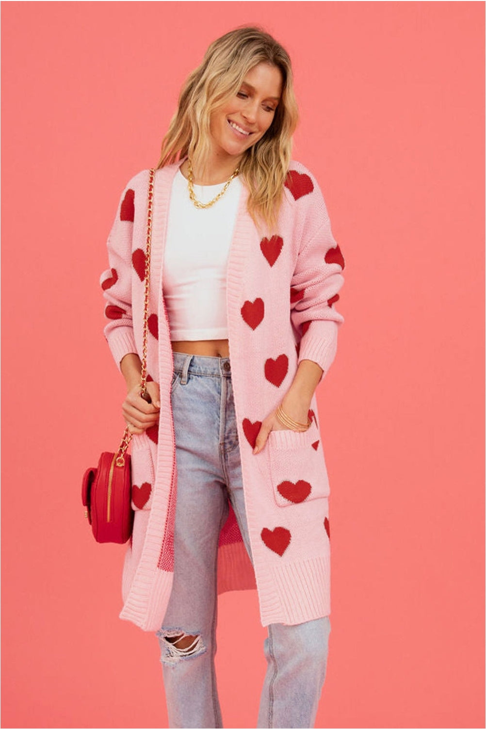 Heart Graphic Open Front Cardigan with Pockets nicholesgifts