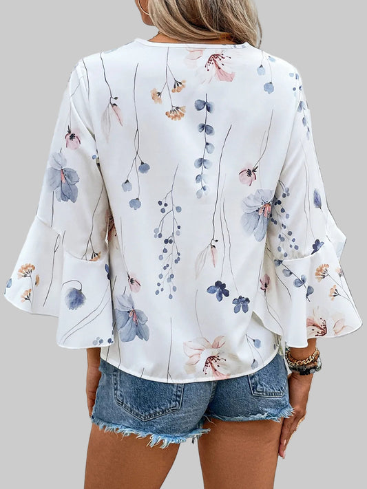 Ruffled Printed V-Neck Half Sleeve Blouse nicholesgifts