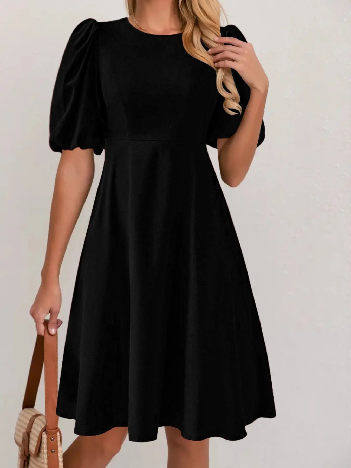 Round Neck Puff Sleeve A-Line Dress NicholesGifts