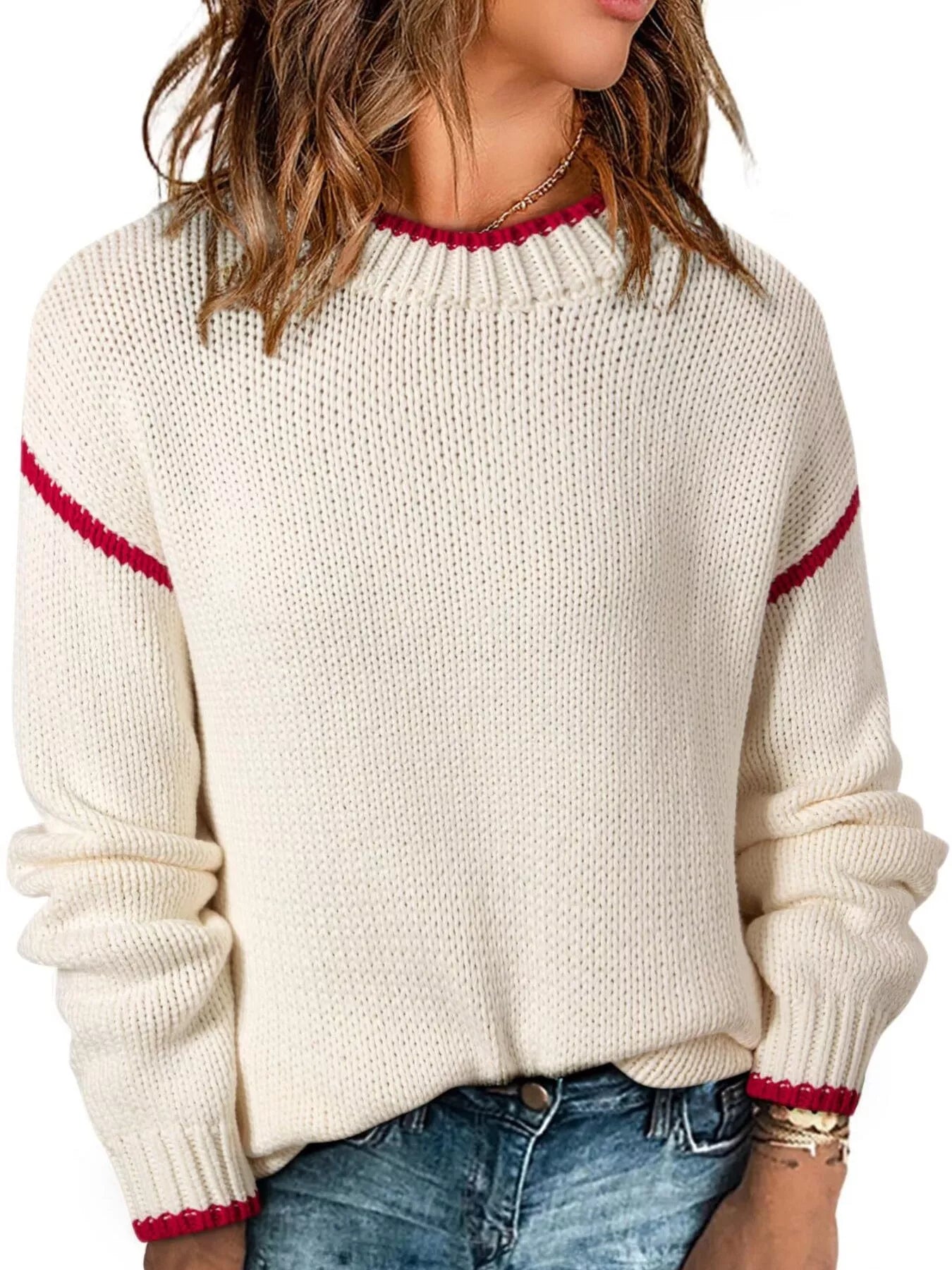 Contrast Trim Long Sleeve Sweater Trendsi
