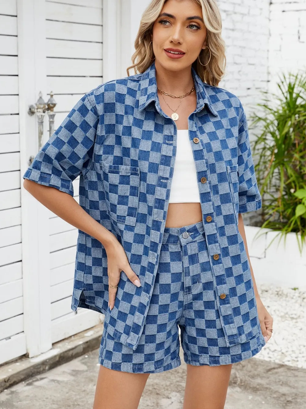 Checkered Shirt and Shorts Denim Set Trendsi