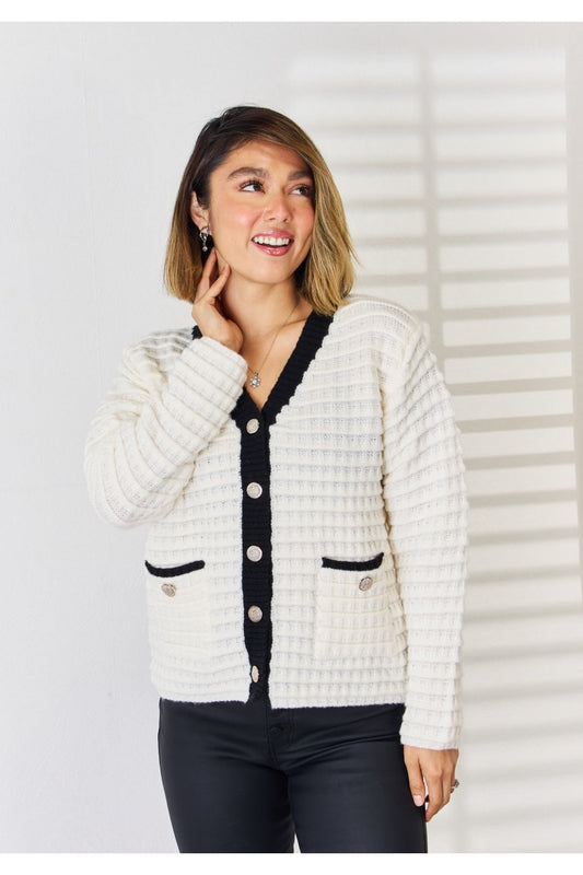 Women Contrast Trim Button Up Cardigan NicholesGifts
