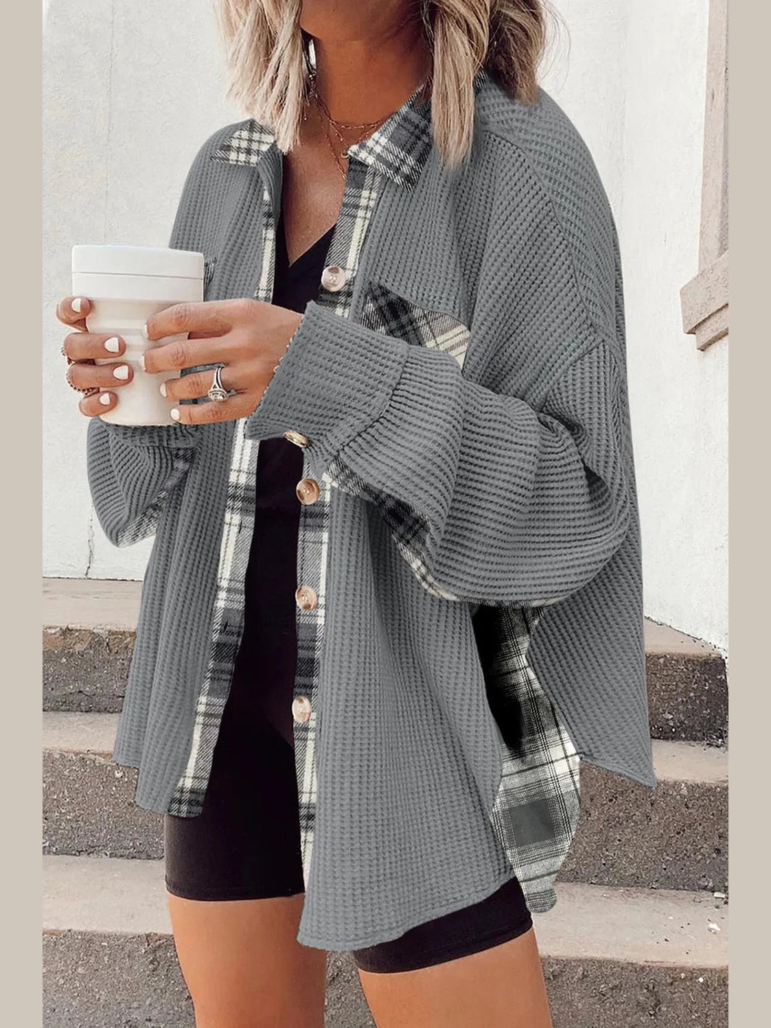 Plaid Button Down Collared Jacket nicholesgifts