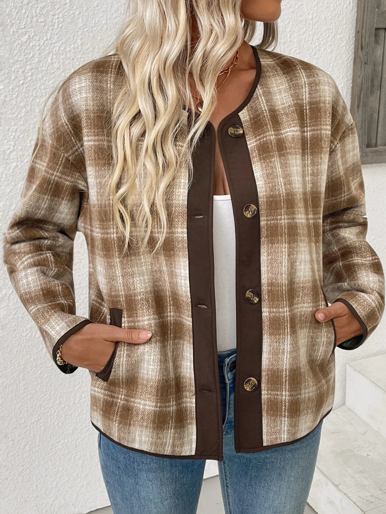 Plaid Long Sleeve Button-Up Jacket Trendsi
