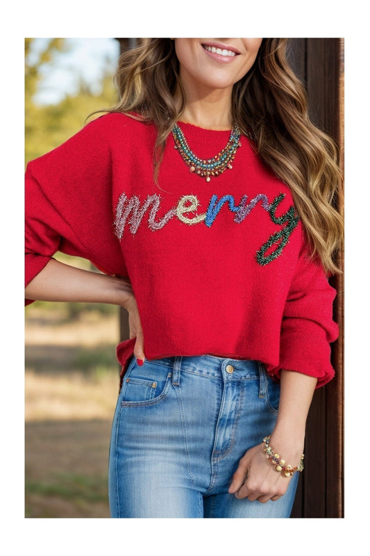 MERRY Round Neck Long Sleeve Sweater NicholesGifts