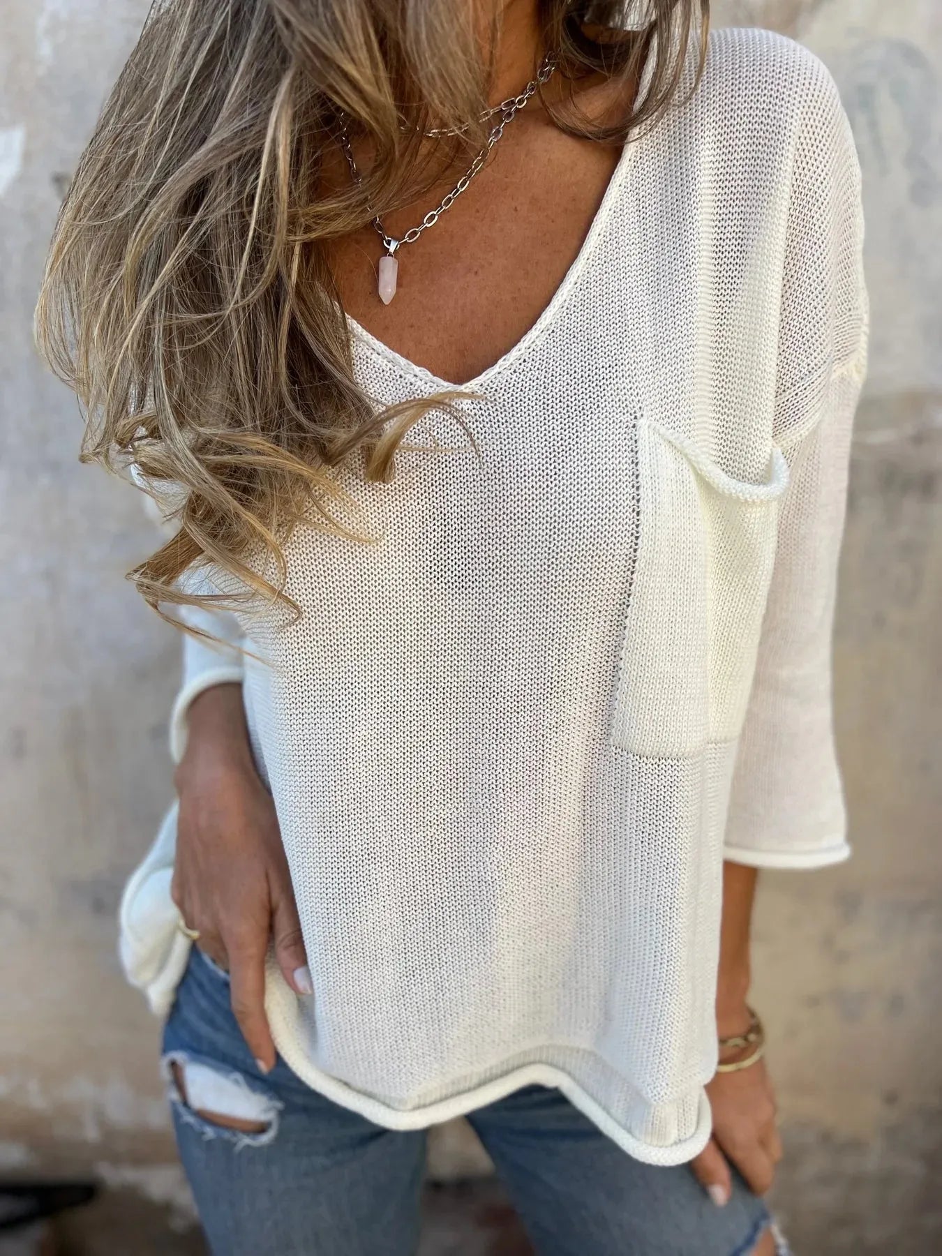 Full Size Casual V-Neck Knit Sweater Plus Size Trendsi
