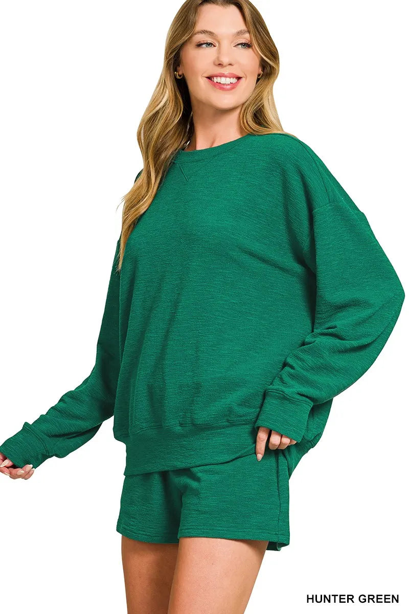 Zenana Slub Long Sleeve Top and Shorts Set Trendsi