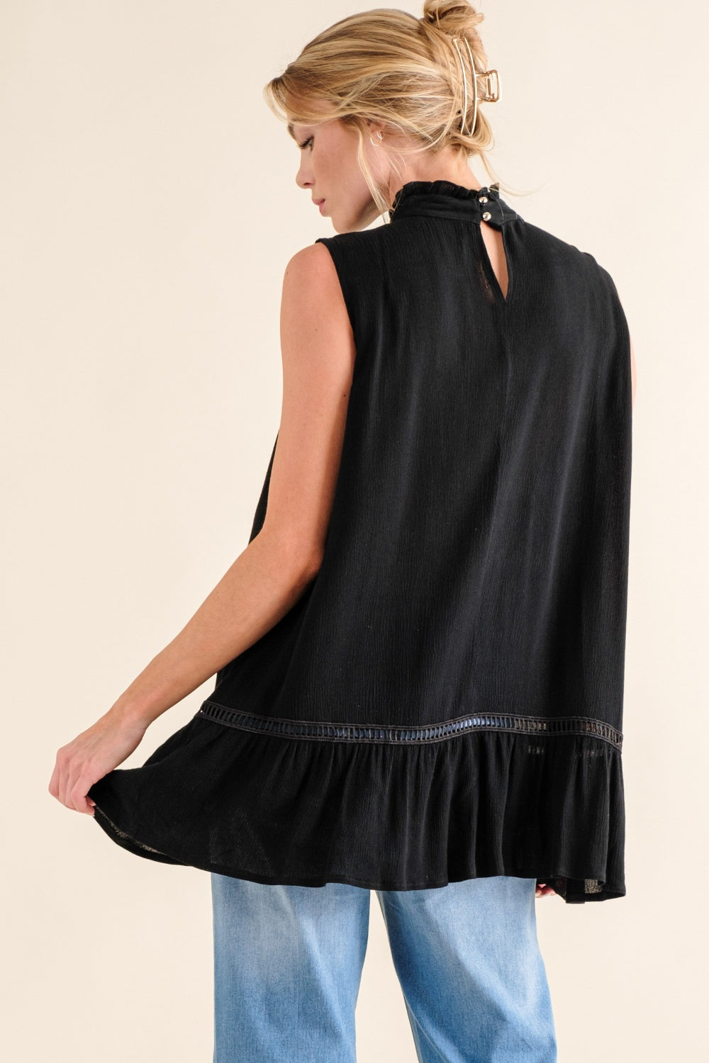 Women And The Why Lace Detail Sleeveless Ruffled Black Top nicholesgifts