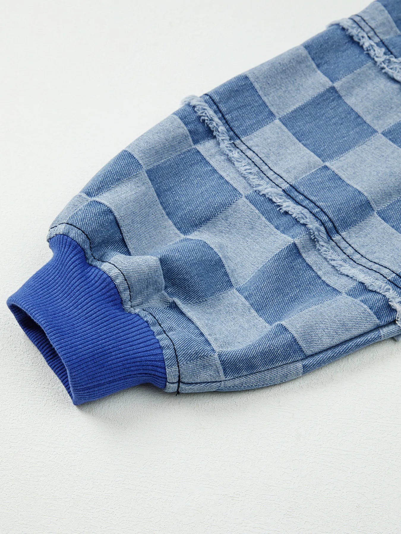 Checkerboard Splicing Raw Detail Oversized Denim Top Trendsi