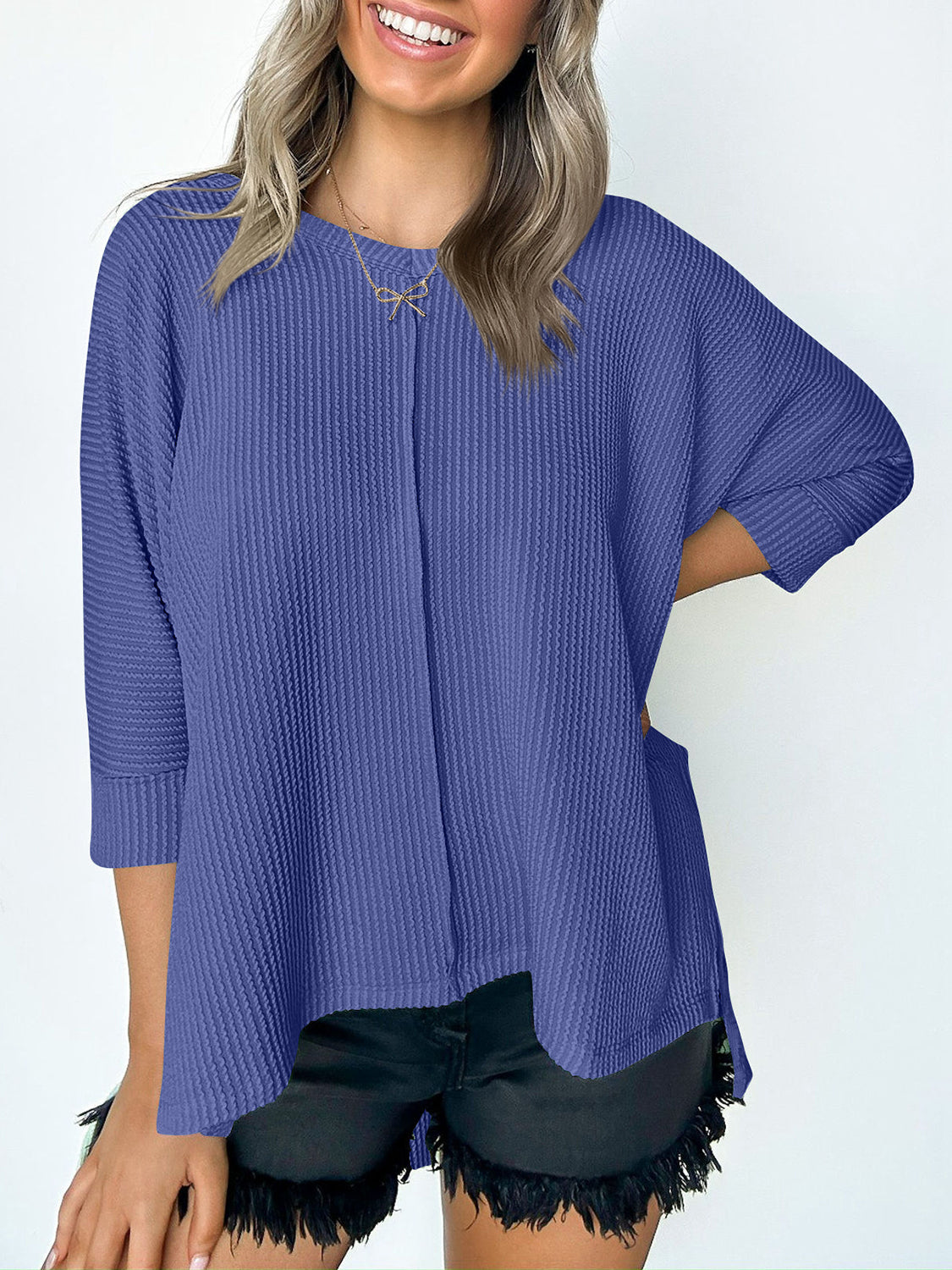 Textured Round Neck Three-Quarter Sleeve Blouse nicholesgifts