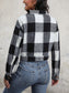 Women Perfee Plaid Button Up Drop Shoulder Cropped Jacket nicholesgifts