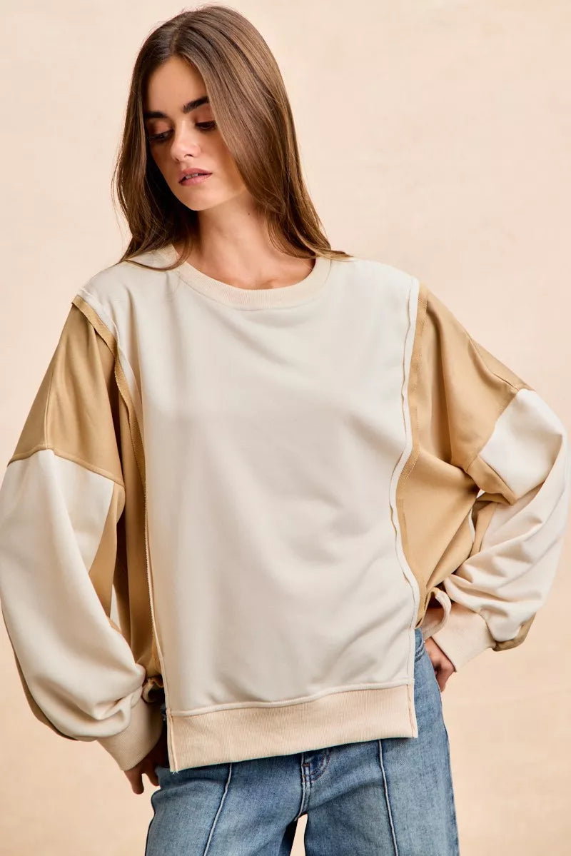 BiBi French Terry Color Block Top With Open Seam Detail Trendsi