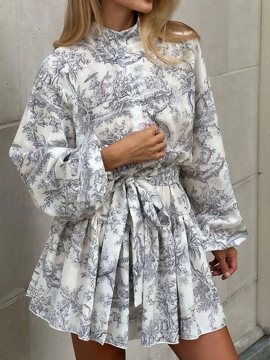 Women Printed Balloon Sleeve Tie Waist Dress