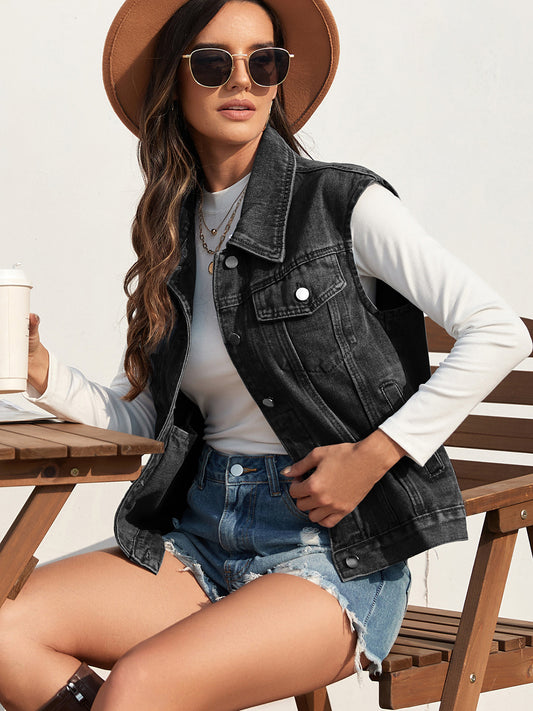 NicholesGifts Women Collared Neck Sleeveless Denim Jacket