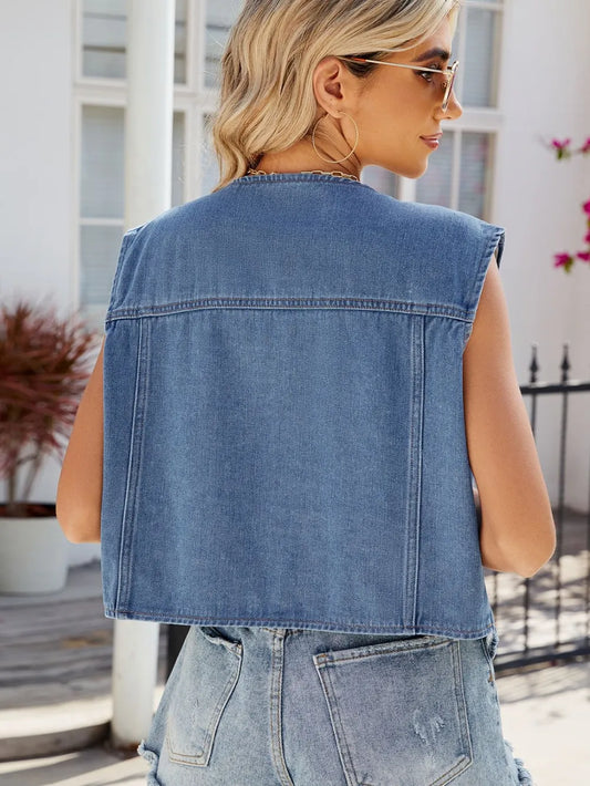 Pocketed Button Up Sleeveless Denim Jacket nicholesgifts