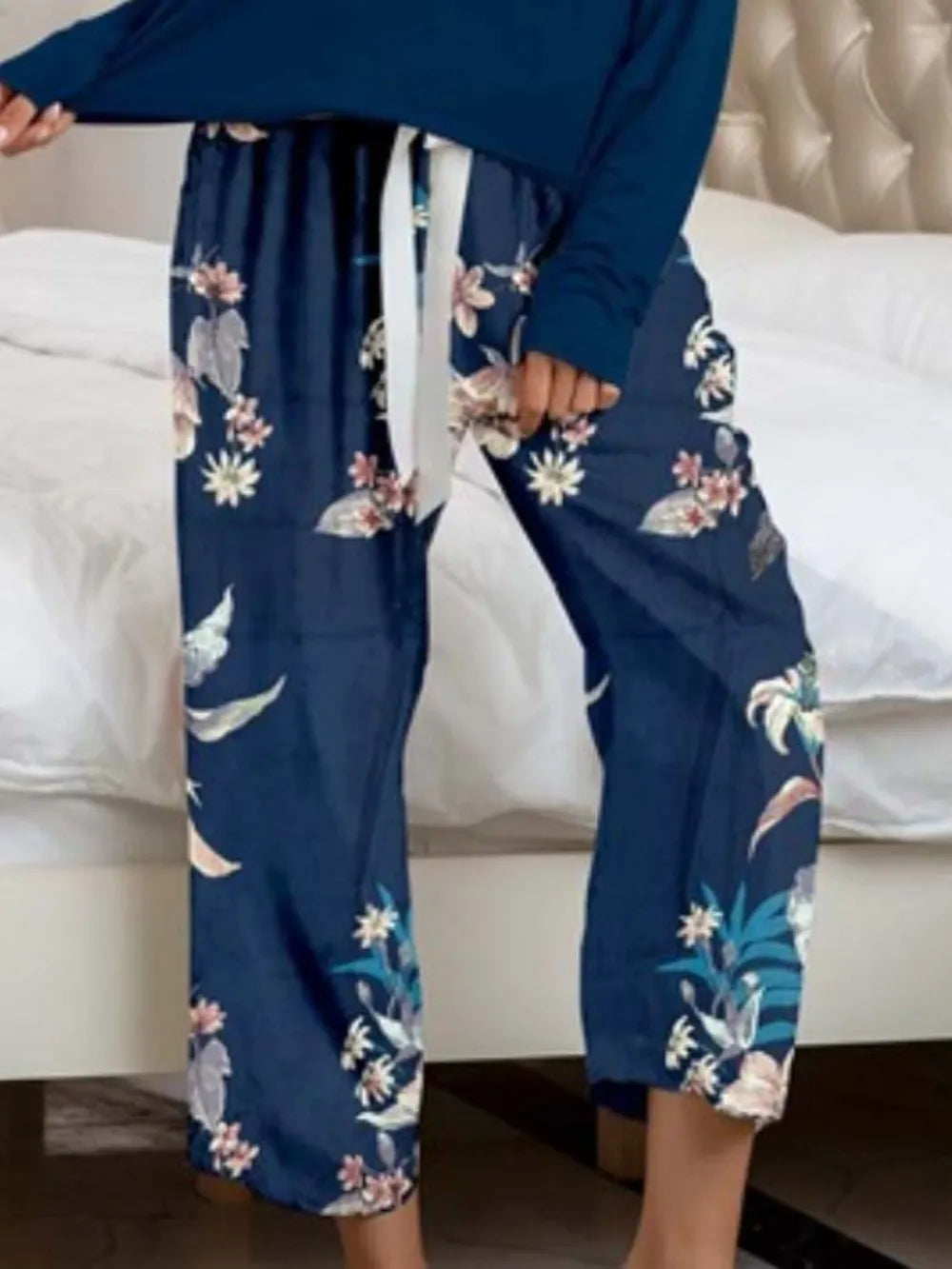 Round Neck Top and Printed Pants Lounge Set nicholesgifts