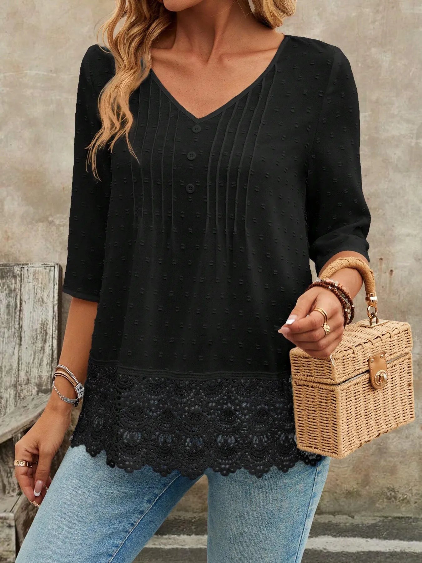 Lace Hem V-Neck Blouse