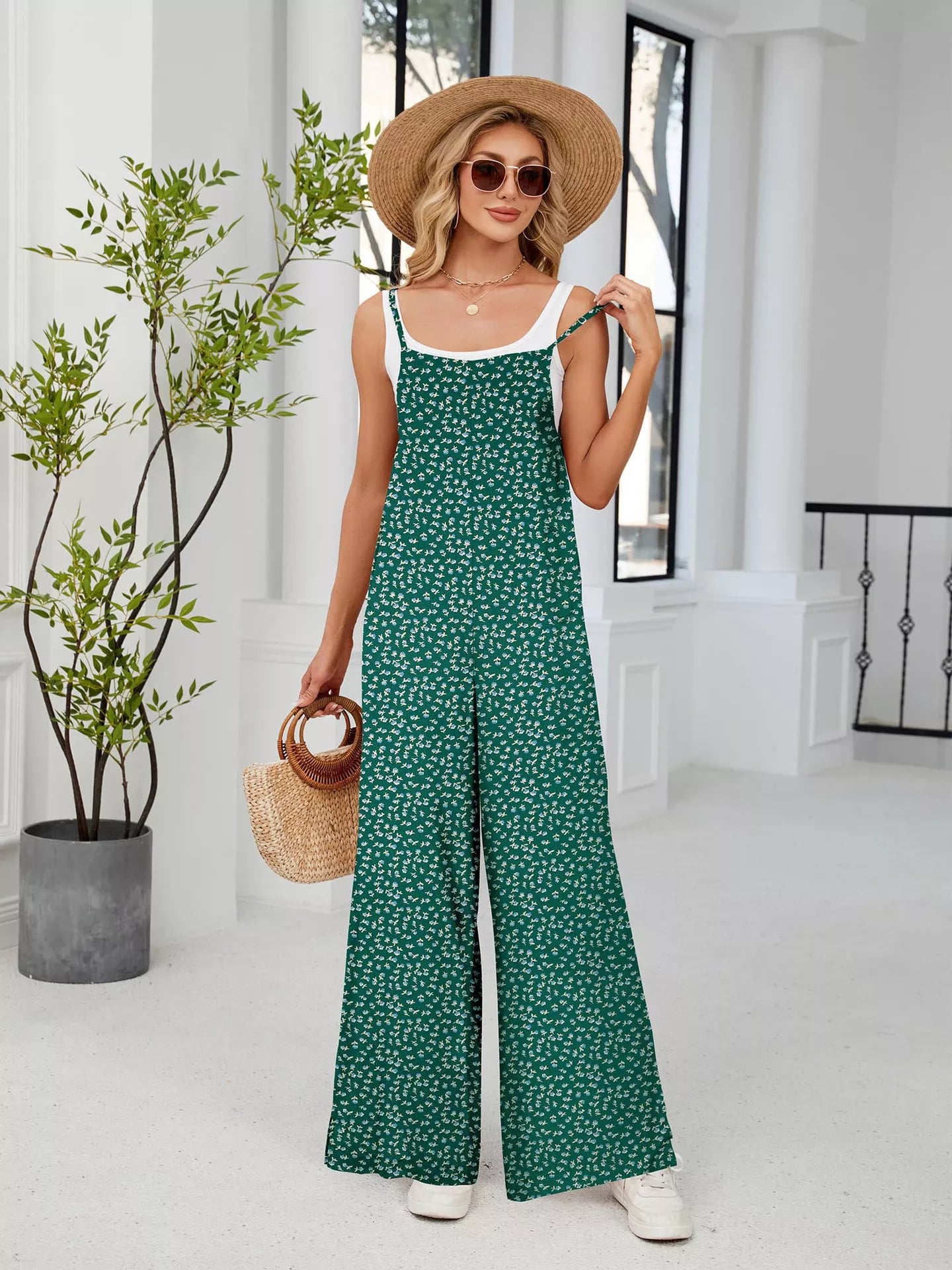 Full Size Floral Print Wide Leg Casual Jumpsuit Plus Size nicholesgifts